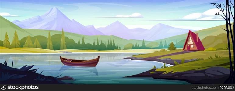 Spring alps mountain panorama view cartoon background. Lonely hut near lake and wooden boat in water beautiful alpine scene. Horizontal mountainscape and hills with ridge peak in Switzerland.. Spring alps with water and mountain panorama view