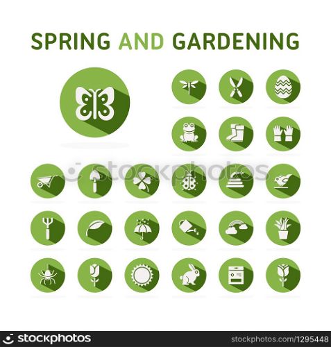 Spring and gardening. Icon set on a green circle. Glyph vector illustration