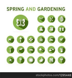 Spring and gardening. Icon set on a green circle. Glyph vector illustration
