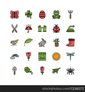Spring and gardening. Isolated color icon set. Filled vector illustration