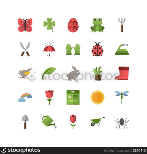 Spring and gardening. Isolated color icon set. Flat vector illustration