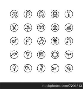 Spring and gardening. Isolated icon set in a circle. Outline vector illustration