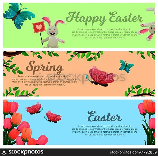 Spring and happy easter web banners set. Funny smiling bunny, flying butterflies and bright tulips vector illustrations. Horizontal concepts with springtime and easter symbols for landing page design. Spring and Happy Easter Vector Web Banners Set