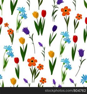 Spring and summer garden and wild flowers seamless pattern. Floral nature vector background. Illustration of floral spring and summer pattern. Spring and summer garden and wild flowers seamless pattern. Floral nature vector background