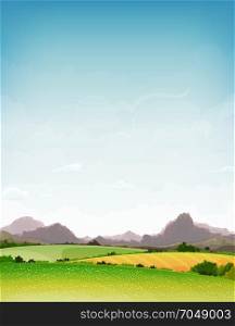 Spring And Summer Nature Landscape. Illustration of a spring or summer landscape season poster background, with mountains range, meadows and fields on blue sky