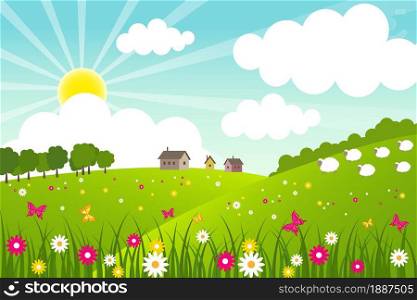 Spring and summer rural landscape. Vector illustration.