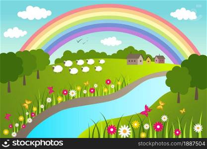 Spring and summer rural landscape with rainbow and river. Vector illustration.