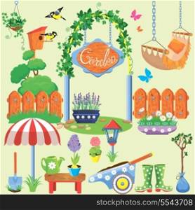 Spring and summer village and garden set with flowers, agriculture tools and equpment