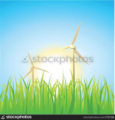 Spring And Summer Windmills. Illustration of spring and summer seasons, including windmills, suns and grass