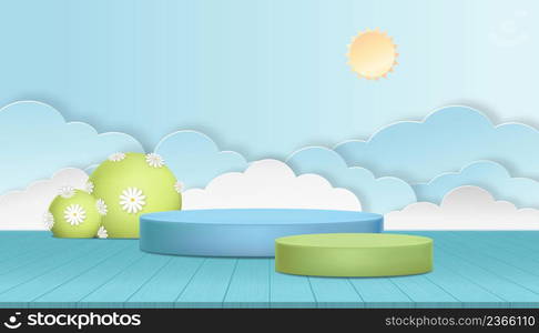 Spring background 3D green cylinder podium, flower bloosom on tree,Paper cut cloud layer on blue sky background,Vector illustration Backdrop banner Natural scene for Easter or Summer sale concept