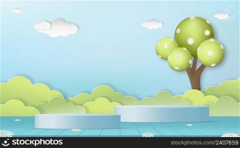 Spring background 3D green cylinder podium, flower bloossom on tree,Paper cut forest layer with cloud and blue sky background,Vector illustration Backdrop banner Natural scene for Easter or Summer