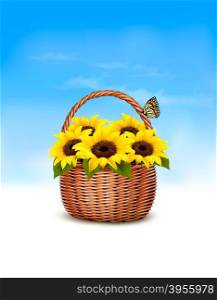 Spring background. Basket full of sunflowers and a butterfly. Vector.