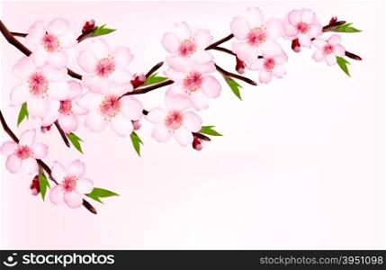 Spring background of a blossoming tree branch with spring flowers. Vector.