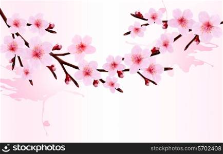 Spring background of a blossoming tree branch with spring flowers. Vector illustration.