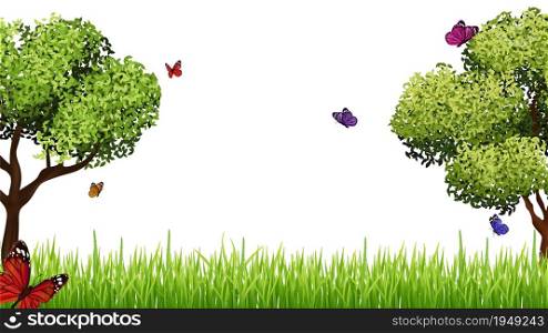 Spring background. Realistic green grass meadow, tree and flying butterfly. Easter, blooming season vector banner template. Grass meadow summer, lawn green with colored butterfly illustration. Spring background. Realistic green grass meadow, tree and flying butterfly. Easter, blooming season vector banner template