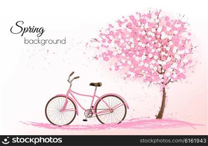 Spring background with a blossoming tree and a bike. Vector.