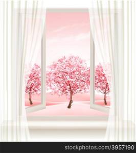 Spring background with an open window and blossoming pink sakura. Vector.