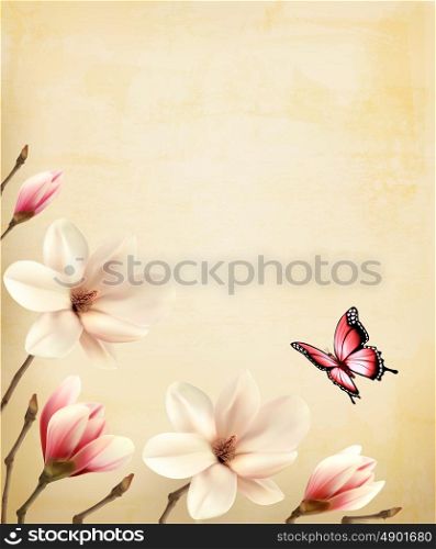Spring background with beautiful magnolia branches on old paper. Vector.