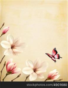Spring background with beautiful magnolia branches on old paper. Vector.