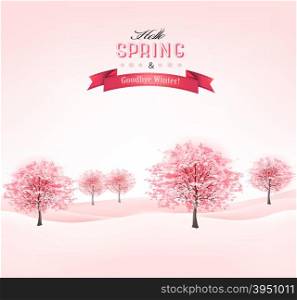 Spring background with blossoming sakura trees. Vector.