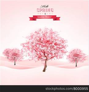 Spring background with blossoming sakura trees. Vector.