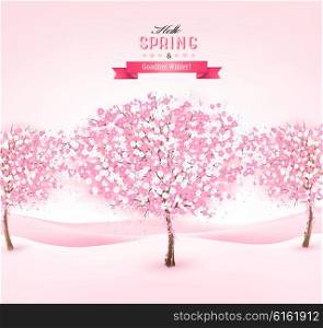 Spring background with cherry blossom trees. Vector.