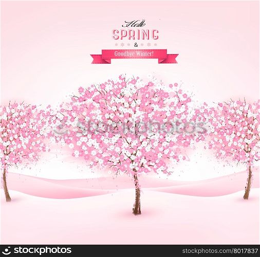 Spring background with cherry blossom trees. Vector.