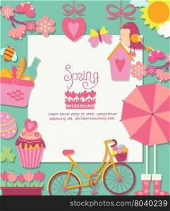 Spring background with cuteicons and frame for text design, vector illustration.