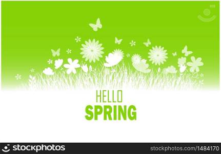 Spring background with flower, butterflies and grass silhouette.Vector