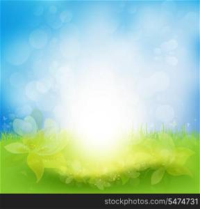 Spring Background With Flower, Sun Rays And Butterflies