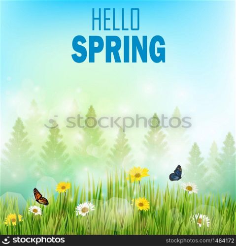 Spring background with flowers and butterflies in meadow and pine trees.Vector