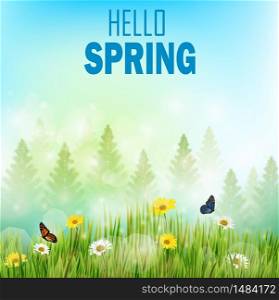 Spring background with flowers and butterflies in meadow and pine trees.Vector