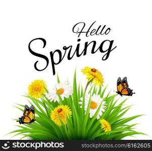 Spring background with grass, flowers and butterflies. Vector.