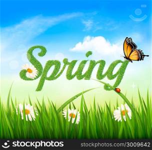 Spring background with grass, sky and a butterfly. Vector.