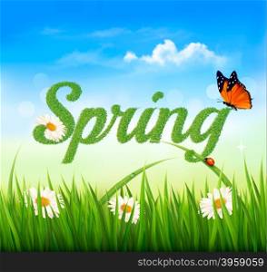 Spring background with grass, sky and a butterfly. Vector.