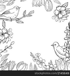 Spring background with hand drawn birds and flowers.Vector sketch illustration.