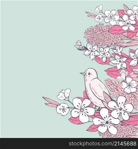Spring background with hand drawn birds and flowers.Vector sketch illustration.. Hand drawn spring flowers. Vector sketch illustration.