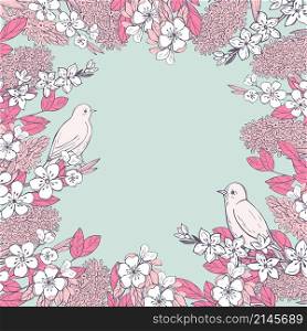 Spring background with hand drawn birds and flowers.Vector sketch illustration.. Hand drawn spring flowers. Vector sketch illustration.