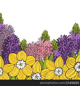 Spring background with hand drawn flowers. Daffodils and Hyacinths. Vector sketch illustration.. Daffodils and Hyacinths. Vector sketch illustration.