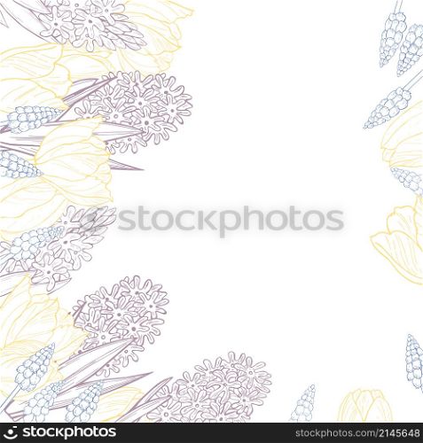 Spring background with hand drawn flowers. Tulips and hyacinths. Vector sketch illustration.