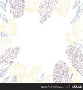 Spring background with hand drawn flowers. Tulips and hyacinths. Vector sketch illustration.. Tulips and hyacinths. Vector sketch illustration.