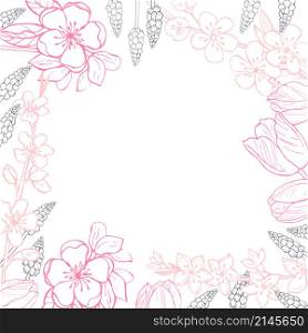 Spring background with hand drawn flowers.Vector sketch illustration.
