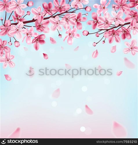 Spring background with pink flowering cherry branch and blue sky. Sakura blossom. Vector illustration.