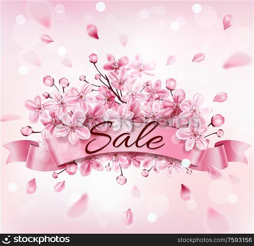 Spring background with pink flowering cherry branch. Design for seasonal spring sale. Vector illustration.