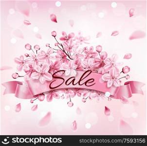 Spring background with pink flowering cherry branch. Design for seasonal spring sale. Vector illustration.