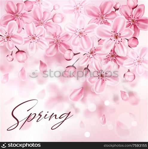 Spring background with pink flowering cherry branch. Sakura blossom. Vector illustration.