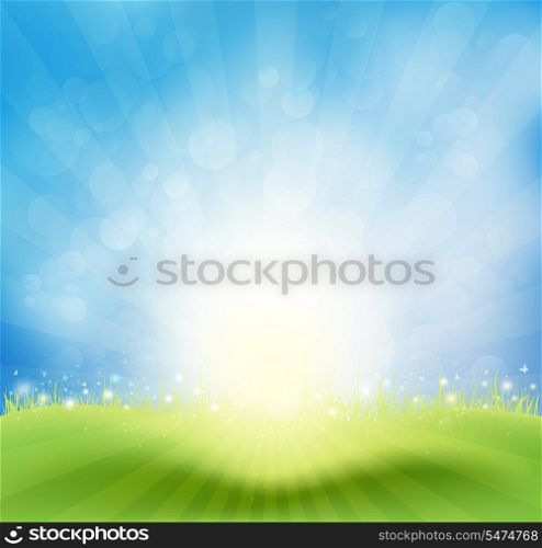 Spring Background With Sky, Sun Rays And Butterflies