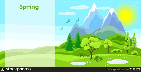 Spring banner with trees, mountains and hills. Seasonal illustration. Spring banner with trees, mountains and hills. Seasonal illustration.