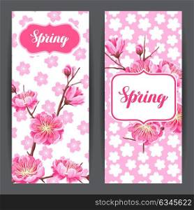 Spring banners with sakura or cherry blossom. Floral japanese ornament of blooming flowers. Spring banners with sakura or cherry blossom. Floral japanese ornament of blooming flowers.