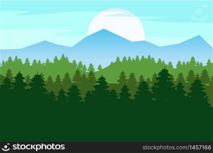 Spring beautiful landscape, forest, silhouettes of tree, green color of foliage. Spring beautiful landscape, forest, silhouettes of tree, green color of foliage. Panorama, horizon, nature. Vector illustration, cartoon style, isolated, banner, template, poster, card